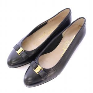 ヴァラリボン パンプス ラウンドトゥ ローヒール レザー 6.5 黒 ブラック /BB GY14