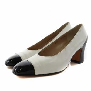 パンプス ヒール スクエアトゥ バイカラー レザー 6.5 白 ホワイト 黒 ブラック 56227 /AN28
