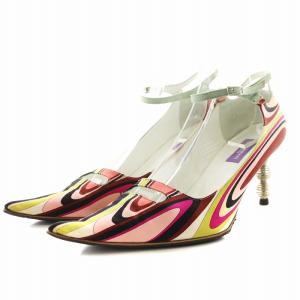 パンプス ポインテッドトゥ アンクルストラップ 総柄 レザー 38.5 マルチカラー ピンク ベージュ