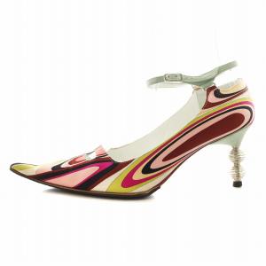 Emilio Pucci パンプス ポインテッドトゥ アンクルストラップ 総柄 レザー 38.5 マルチカラー ピンク ベージュ