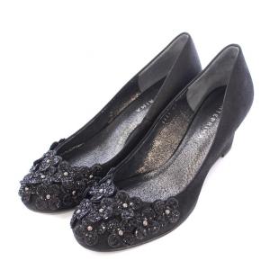 パンプス ラウンドトゥ ウェッジソール スエード フラワーモチーフ 花柄 グリッター 24cm 黒 ブラック