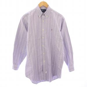 ボタンダウンシャツ カジュアル 長袖 レギュラーカラー ストライプ柄 ロゴ 刺繍 15.5 紫 パープル