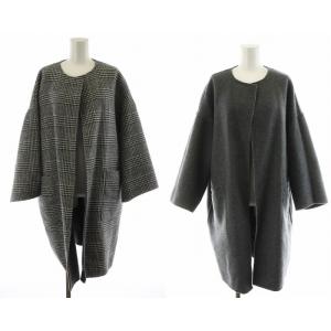 グレンチェックリバーコート ノーカラーコート ロング丈 リバーシブル ウール アウター 34 グレー 085-97015