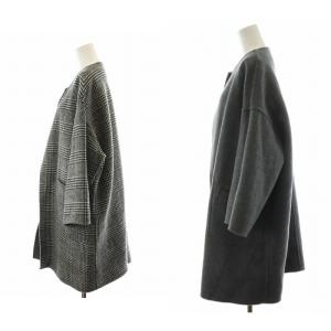 DRESSTERIOR グレンチェックリバーコート ノーカラーコート ロング丈 リバーシブル ウール アウター 34 グレー 085-97015