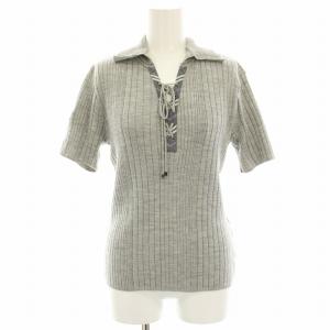 ニットポロシャツ カットソー ウール 絹 シルク混 レースアップ リブ 半袖 2 グレー FB076-013