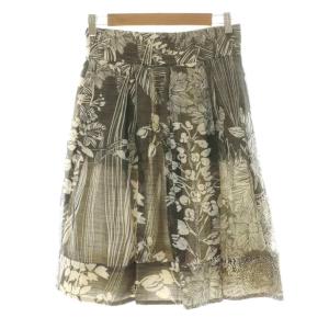 フレアスカート タック ひざ丈 麻 リネン 絹 シルク 花柄 40 ベージュ GMN48T /NQ GY14