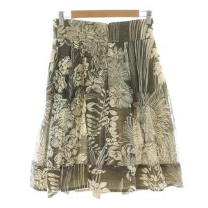 ARMANI COLLEZIONI フレアスカート タック ひざ丈 麻 リネン 絹 シルク 花柄 40 ベージュ GMN48T /NQ GY14