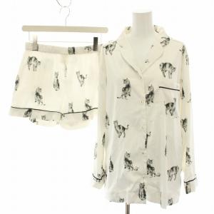 ルームウェア パジャマ セットアップ 上下 キャットモチーフサテンシャツ 長袖 ショートパンツ イージーパンツ