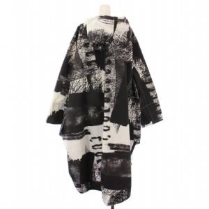 Senso unico m mefu 芽風 レインコート ナイロン アウター ロング丈 フード 総柄 40 黒 ブラック 白 ホワイト