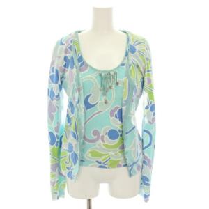 アンサンブル カーディガン 長袖 カットソー ブラウス 半袖 総柄 花柄 ビーズ装飾 I44 水色 ライトブルー