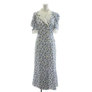マルチプリントパフスリーブワンピース ミモレ ロング 半袖 花柄 1 青 ブルー 白 ホワイト SWFO252043
