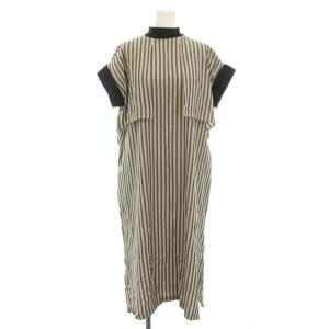 シャツワンピース ロング ハイネック 半袖 ストライプ柄 36 ベージュ 黒 ブラック 531-1140411
