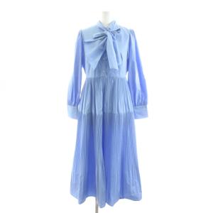 シャツワンピース ロング 長袖 プリーツ リボン PS 水色 ライトブルー /AN60 MA