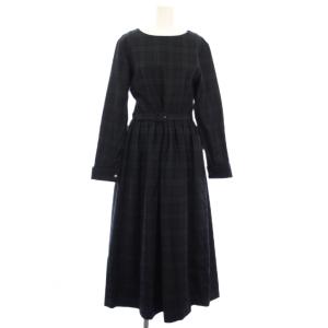 ワンピース 長袖 ロング チェック柄 ベルト 2 緑 ネイビー /TK H