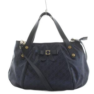 ハンドバッグ ショルダーバッグ 2way リボン 総柄 ナイロン レザー 紺 ネイビー /AN24 MA