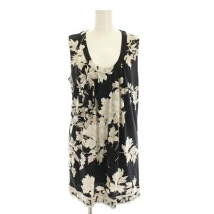 FASHION カットソー ノースリーブ チュニック 花柄 M 黒 ブラック 白 0399227 /YM