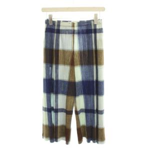 イッセイミヤケ プリーツパンツ イージーパンツ 2 青 ライトブルー 茶色 ブラウン チェック クロップド丈
