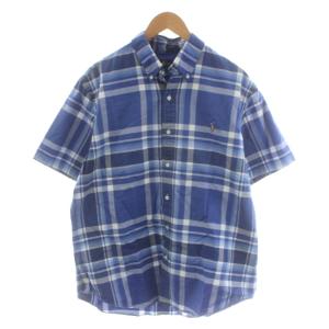 SLIM FIT シャツ 半袖 チェック柄 ロゴ刺繍 XL 青 ブルー /AN78 MA