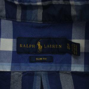 RALPH LAUREN SLIM FIT シャツ 半袖 チェック柄 ロゴ刺繍 XL 青 ブルー /AN78 MA