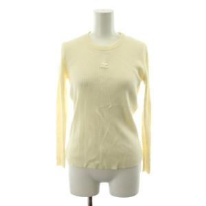 70s ヴィンテージ リブニット カットソー 長袖 ロゴ コットン フランス製 M アイボリー I8802
