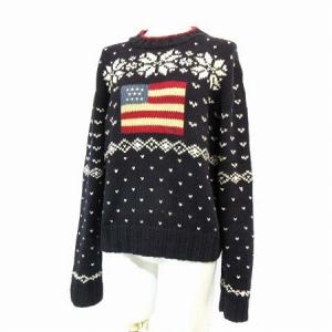 ニット セーター ノルディック柄 国旗 星条旗 モックネック コットン シルク混 麻混 リネン混 長袖 ネイビー L 