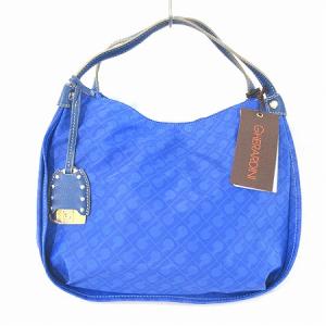 タグ付き ハンド バッグ トート ポーチ付き チャーム 総柄 PVC 青 ブルー 鞄