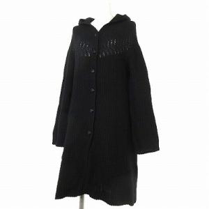 ニット パーカー ロング カーディガン フード付き ウール 長袖 黒 M アウター