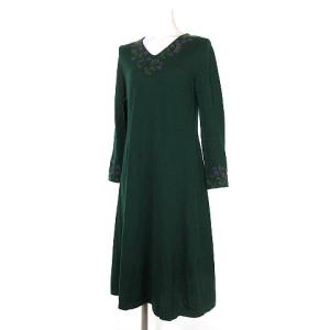 フラワー ニードル ニット ワンピース ドレス 膝丈 長袖 Vネック プルオーバー 刺繍 花柄 ウール GBAAH-04490