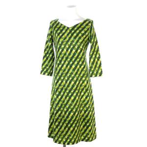 Vネックウールチェックワンピース 緑