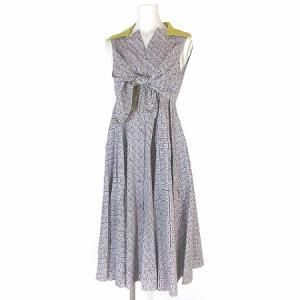 シャツ ワンピース ノースリーブ ロング ミモレ丈 フレア リボン 総柄 コットン 紫 パープル 36