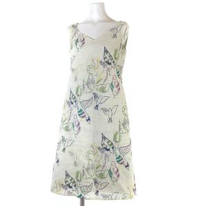 ワンピース ロング ノースリーブ Vネック 刺繍 鳥 バード リネン 麻 100％ 白系 M