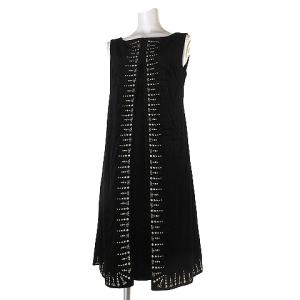 ワンピース ノースリーブ ベロア 刺繍 プルオーバー 膝丈 丸首 タック キャミソール 付き 黒 M