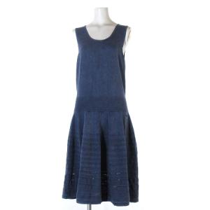 ワンピース ノースリーブ フレア ニット コットン ブルー 44