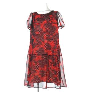 ワンピース シフォン レイヤード ギンガムチェック 花柄  レッド 