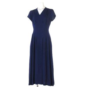 ワンピース ロング タッキング ドレス フレア 半袖 フレンチスリーブ タック 青 ブルー M