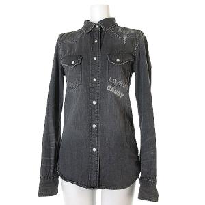 デニム シャツ ダンガリー 胸ポケット 長袖 プリント グレー S トップス