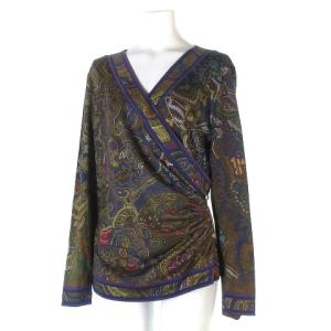 カットソー 長袖 カシュクール 金ボタン 花柄 総柄 ウール シルク混 L