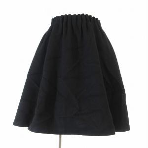 スカート 膝丈 ギャザー フレア ウール イージー 無地 ブラック 36