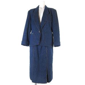 セットアップ スーツ デニム ジャケット タイト スカート ミモレ丈 シルク 9 ブルー