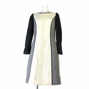 ワンピース 膝丈 長袖 ウール 装飾 花柄 レース 丸首 グレー 38