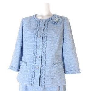 Leilian セットアップ スーツ セレモニー ツイード 七分袖 薄手 ノーカラー ジャケット 膝丈 スカート コサージュ付き 水色 7