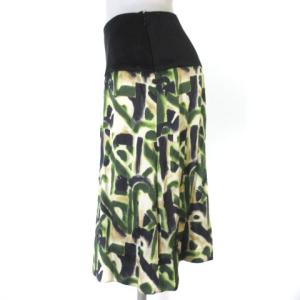 PRADA スカート 膝丈 タック 総柄 シルク混 イタリア製 38 グリーン