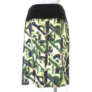 PRADA スカート 膝丈 タック 総柄 シルク混 イタリア製 38 グリーン