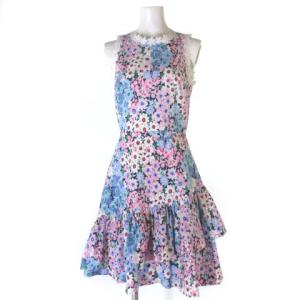 ドレス ワンピース 膝丈 ノースリーブ 花柄 刺繍 ストレッチ コットン ピンク ブルー 0