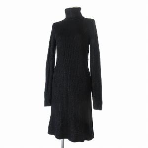 ワンピース ひざ丈 ニットワンピ 長袖 タートルネック ウール混 カシミヤ混 黒 ブラック M