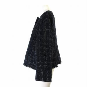 BARNEYS NEW YORK ジャケット ニット ノーカラー チェック フリンジ 紺 ネイビー F アウター