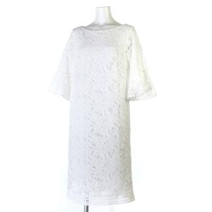 18SS ワンピース ひざ丈 五分袖 花柄 カットワーク ジョーゼット ホワイト 36 IBO9