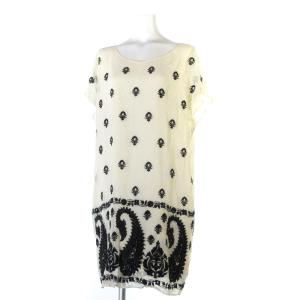ワンピース 膝丈 半袖 フレンチスリーブ シフォン 花柄 刺繍 ビーズ スパンコール ホワイト 36