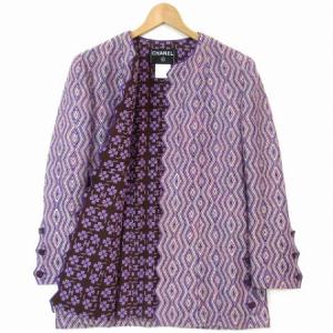 CHANEL 01P ノーカラージャケット 刺繍 ココボタン 裏地シルク クローバー柄 42 パープル