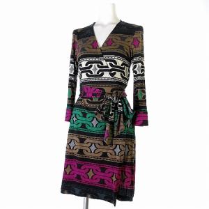 ラップワンピース ひざ丈 シルク 100% 七分袖 総柄 ブラウン系 6